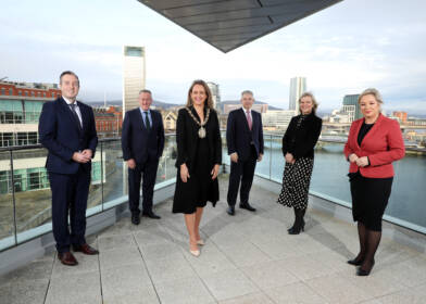 (L-R) First Minister Paul Givan, Minister for Finance Conor Murphy, Belfast Lord Mayor, Councillor Kate Nicholl, Secretary of State for Northern Ireland Brandon Lewis, Chair of the Belfast Region City Deal Executive Board Suzanne Wylie and Deputy First Minister Michelle O’Neill are pictured at ICC Belfast to mark the signing of the first City Deal for Northern Ireland.